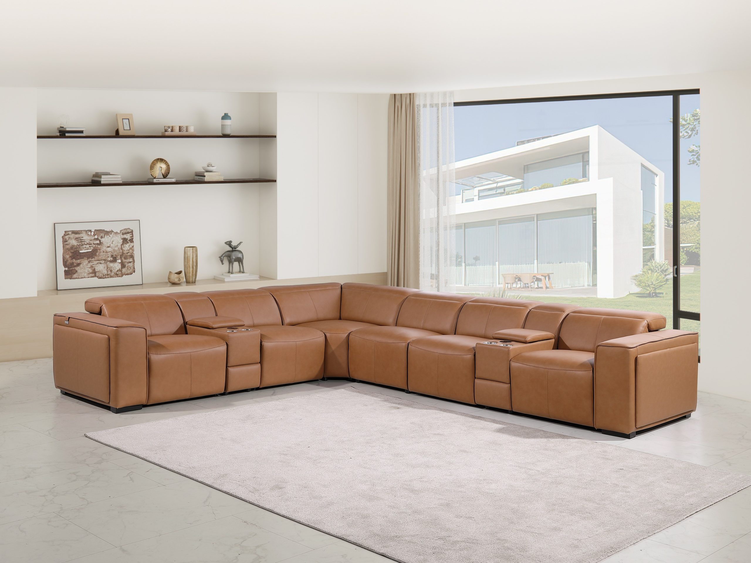 1224 - Divanitalia Cognac 8-Piece L-Shaped Modular Power Reclining ... with Antonio Italian Leather 5-Piece L-Shaped Power Reclining Sectional, Cognac