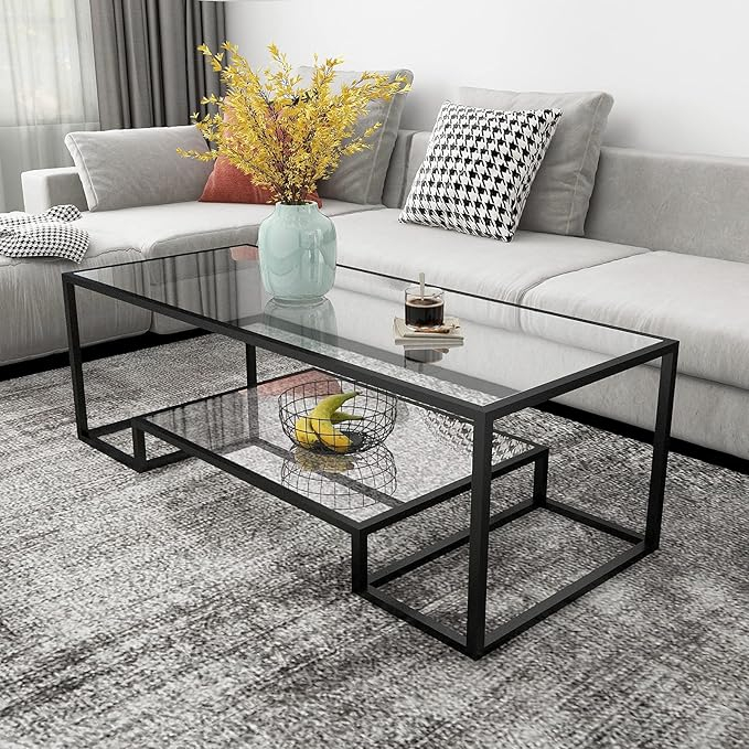 Amazon.com: Metal Glass Coffee Table, Black Accent Modern Tempered ... intended for Amherst Glass Top Metal With Cane Shelf Coffee Table Black