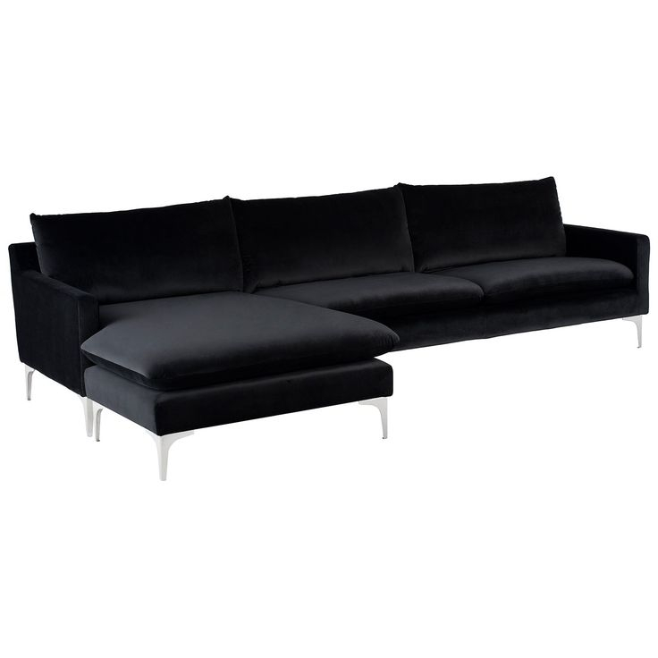 Anders Velour Sectional Sofa With Chaise - Black / Silver | Canapé ... with regard to Anders Reversible Sectional, Black Velour Seat/Black Matt Legs