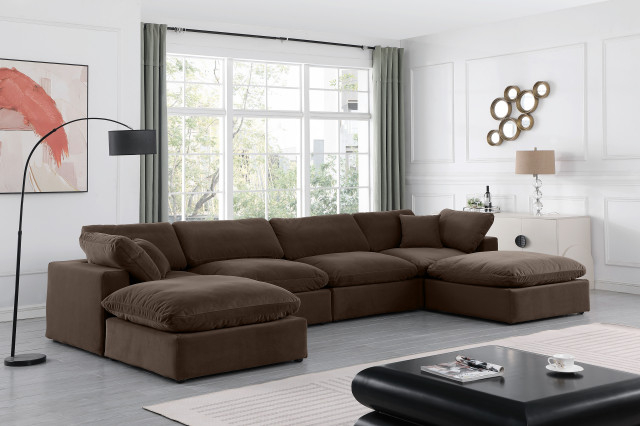 Comfy Upholstered U-Shaped Modular Sectional, 6-Piece: 2 Armless Chair ... intended for Ames Boucle Fabric U-Shaped Modular Sectional, Brown, 6-Piece: 3 Armless Chair, 2 Corner Chair, 1 Ottoman - B