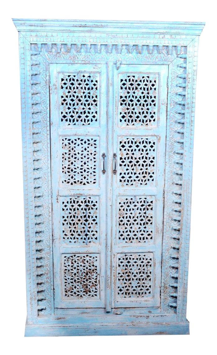Distressed Tall Bohemian Hand Carved Cabinet | Chairish | Old Doors ... for 71 Solid Wood Boho Distressed Sideboard Cabinet With Artisan Carved Doors