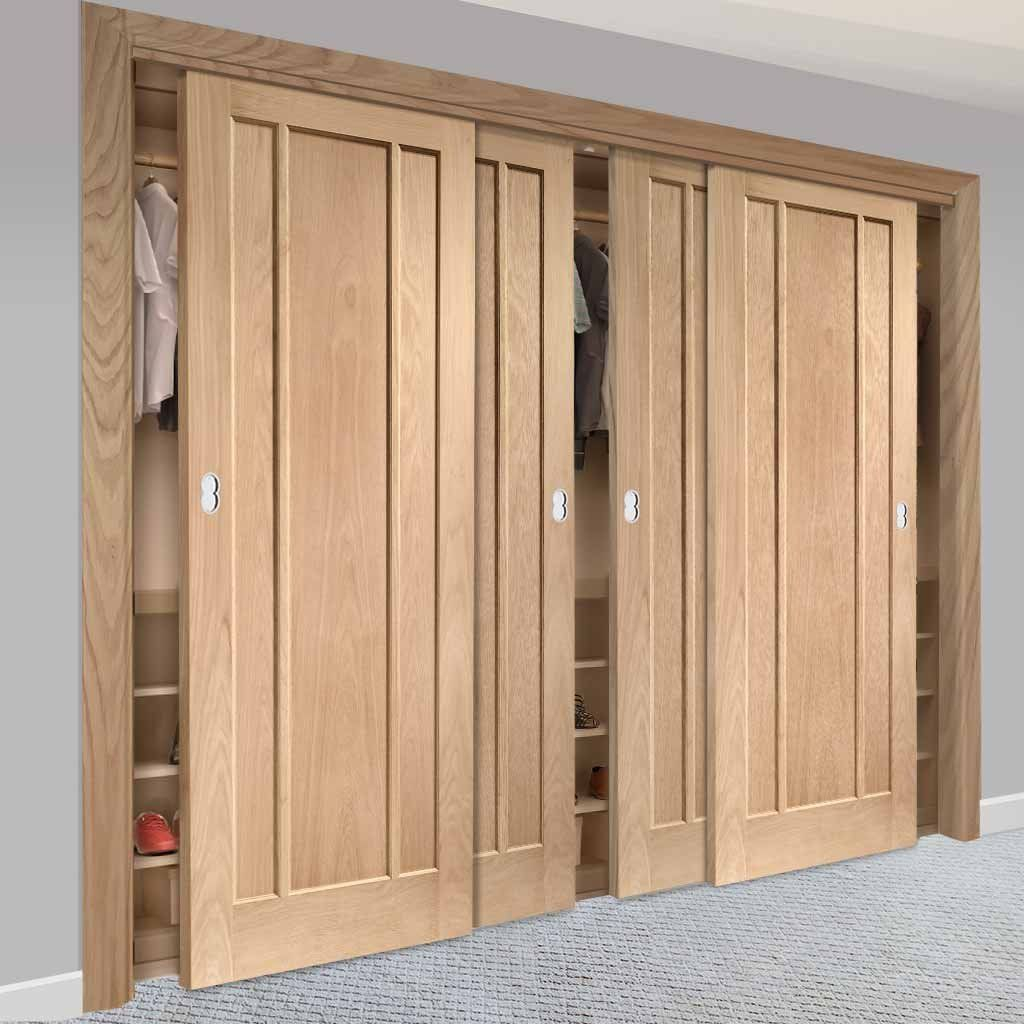 Four Sliding Maximal Wardrobe Doors &amp;amp;Amp; Frame Kit - Worcester Oak 3 Panel ... for Mastering the Art of Oak Solid Wood Wardrobe Sliding Door Installation