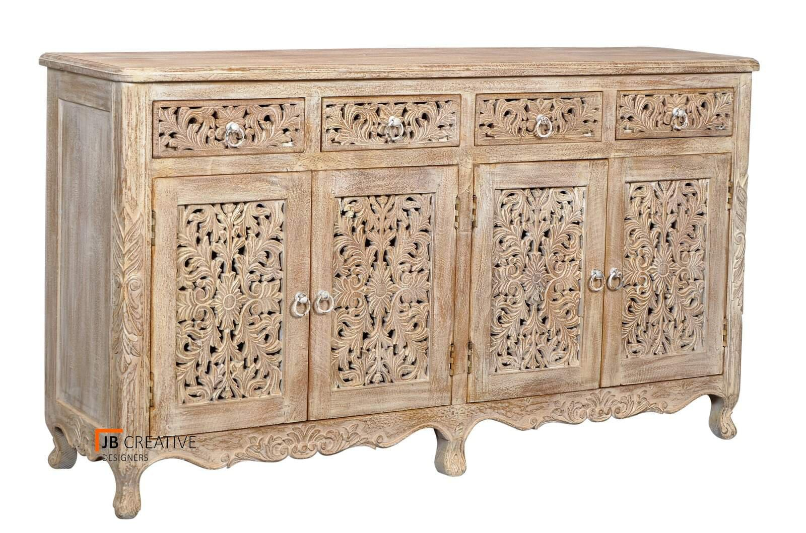 Indian Antique Handmade Wooden Sideboard Hand Carved 4 Doors 4 | Etsy with regard to Athena 4-Door Sideboard, Antique Black With Traditional Carving On Solid Wood