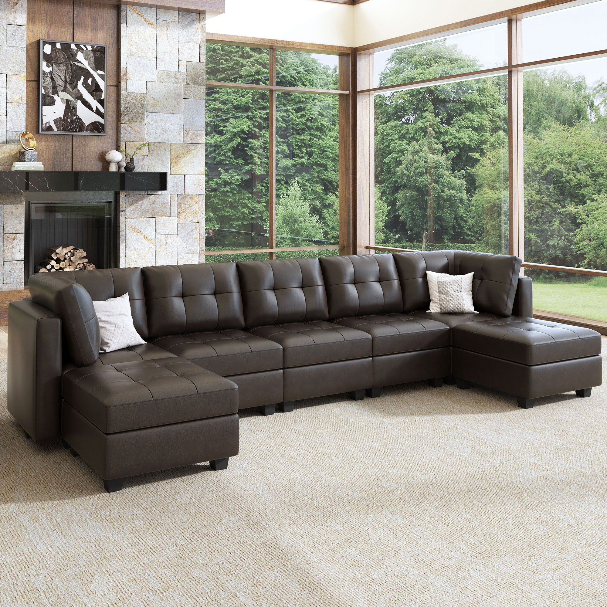 Latitude Run® Quillian U Shaped Modular Sectional Sofa Reversible Faux ... in Ames Boucle Fabric U-Shaped Modular Sectional, Brown, 6-Piece: 3 Armless Chair, 2 Corner Chair, 1 Ottoman - A