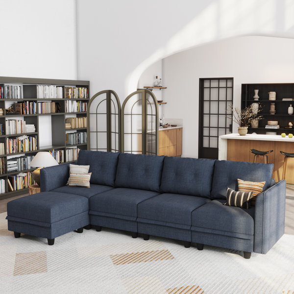 Latitude Run® Tomario 5- Piece Upholstered L-Shaped Modular Sectional ... regarding Arc Boucle Fabric Upholstered 5-Pc. L-Shaped Modular Sectional, Green