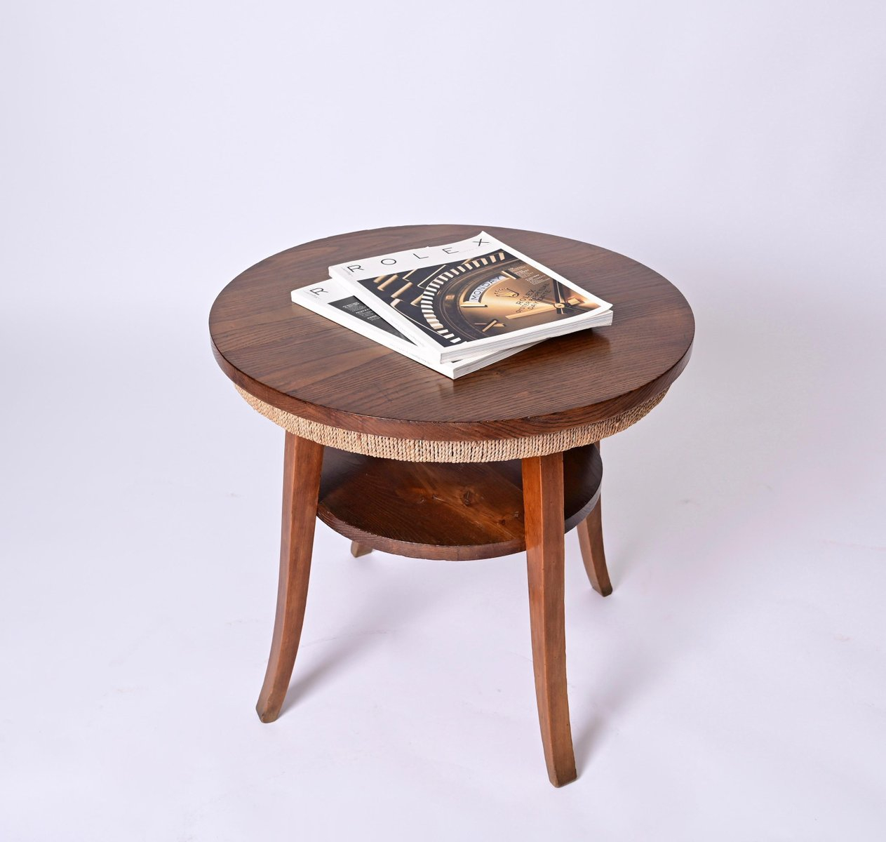 Mid-Century Italian Two-Tier Round Rope And Chestnut Wood Coffee Table ... in Barbera Vineyards Round Coffee Table 2 Tone Wood