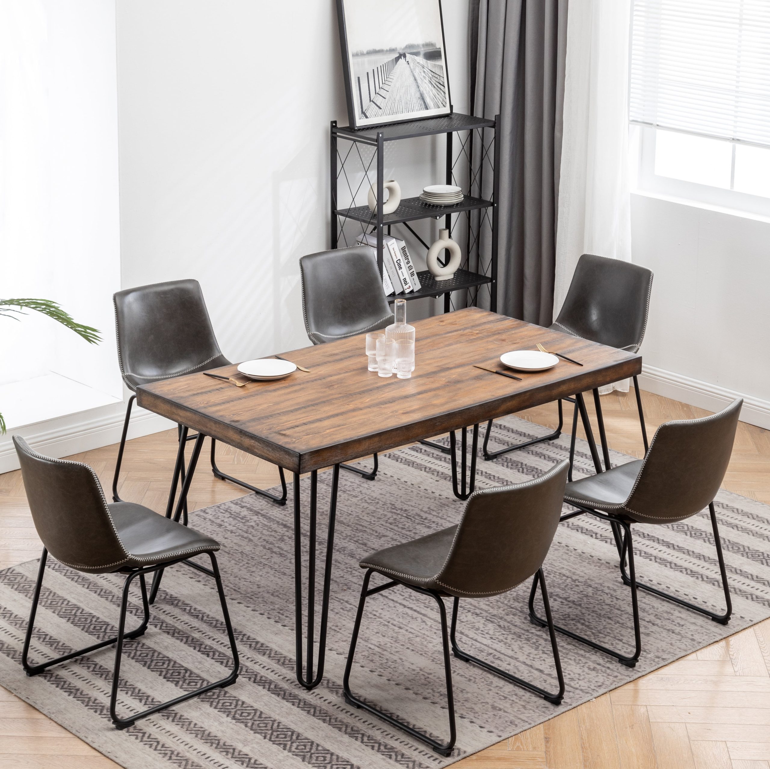 Roundhill Furniture Aryven Industrial 7-Piece Dining Set, Rustic Dark ... throughout The Enduring Appeal of Rustic Dark Pine and Antique Brown in the Aryven Dining Collection