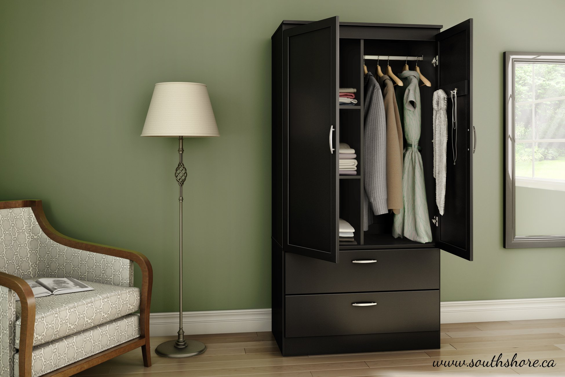 South Shore 5370038 2-Door Wardrobe Armoire With Adjustable Shelves And ... with Avra 2-Drawer Armoire, Black