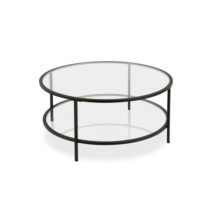 Two Shelf Round Metal Base Coffee Table In Black With Glass Top - Henn ... in Amherst Glass Top Metal With Cane Shelf Coffee Table Black