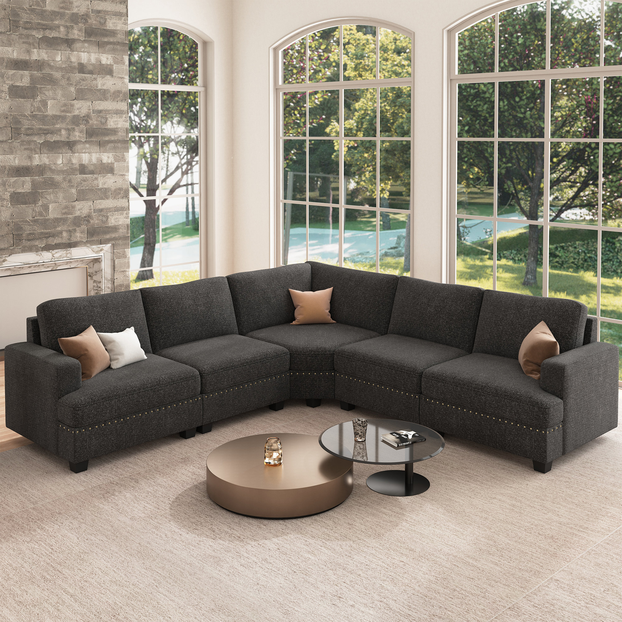 Wade Logan® Anureet L Shaped Modular Sectional Couch Corner Sectional ... regarding Arc Boucle Fabric Upholstered 5-Pc. L-Shaped Modular Sectional, Green