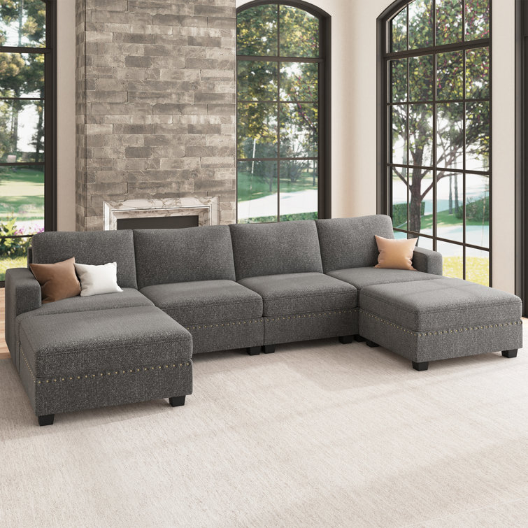 Wade Logan® Anureet U Shaped Modular Sectional Sofa With Storage Chaise ... pertaining to Ames Boucle Sectionals A Guide to Dimensions and Room Planning