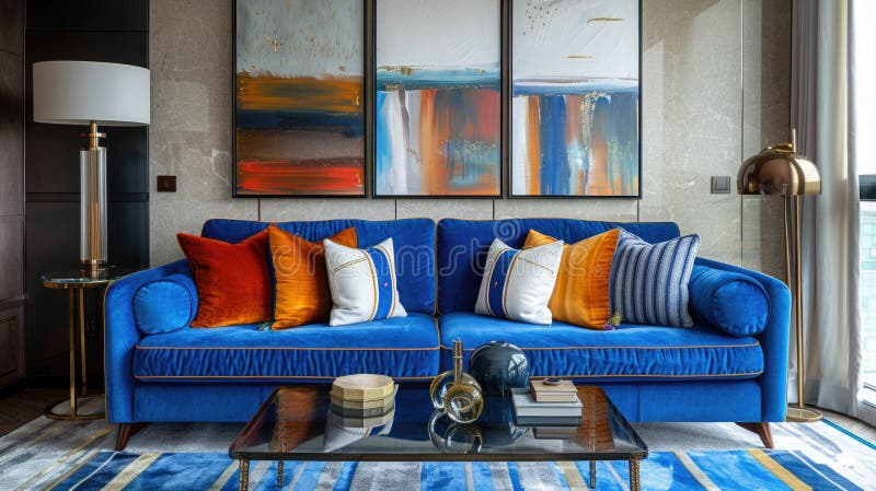 A Chic Living Room Featuring A Striking Blue Sofa Adorned With Striped ... with Unlocking the secrets of a perfectly curated warehouse chic living room
