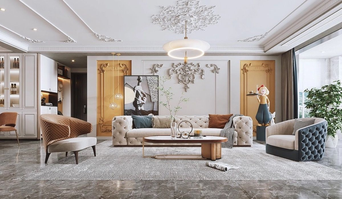 A Living Room Filled With Furniture And A Chandelier within