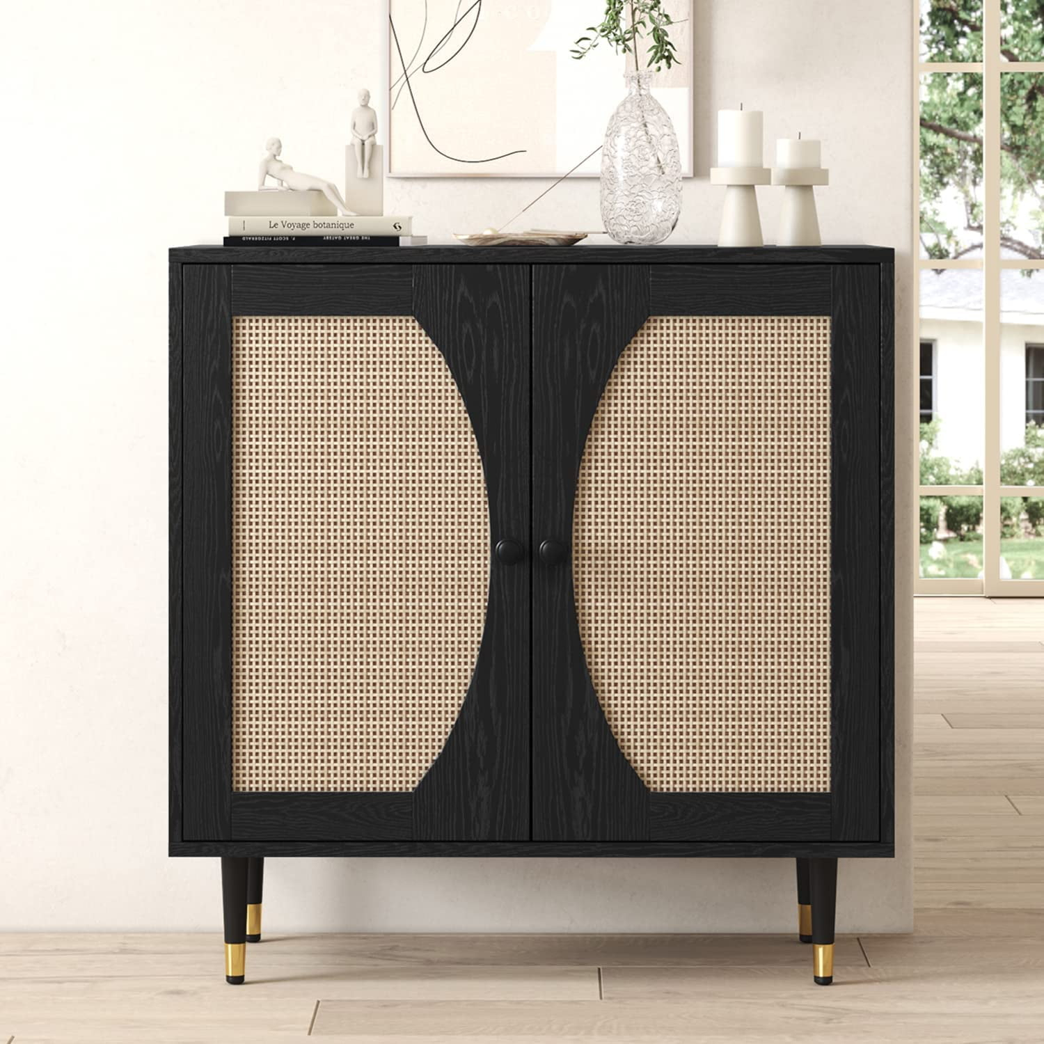 Black Buffet Sideboard Cabinet, Rattan Sideboard With Natural Rattan ... intended for From Dining Room to Living Space Repurposing the Versatile Rattan Buffet