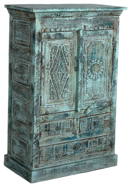 Consigned Vintage Blue Cabinet Floral Carved Entryway Accent Table 49 ... in