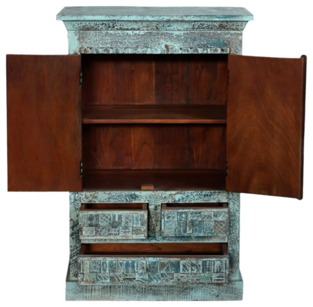 Consigned Vintage Blue Cabinet Floral Carved Entryway Accent Table 49 ... inside