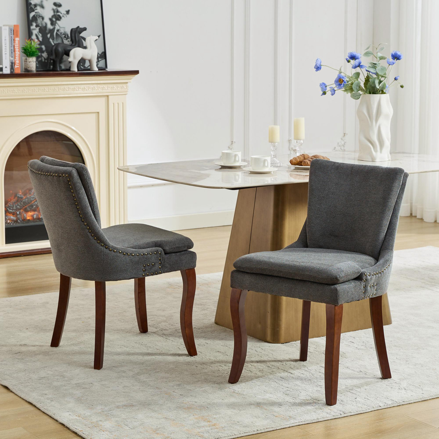 Lark Manor™ Set Of 2 Chenille Dining Chairs With Nails Decoration And ... inside