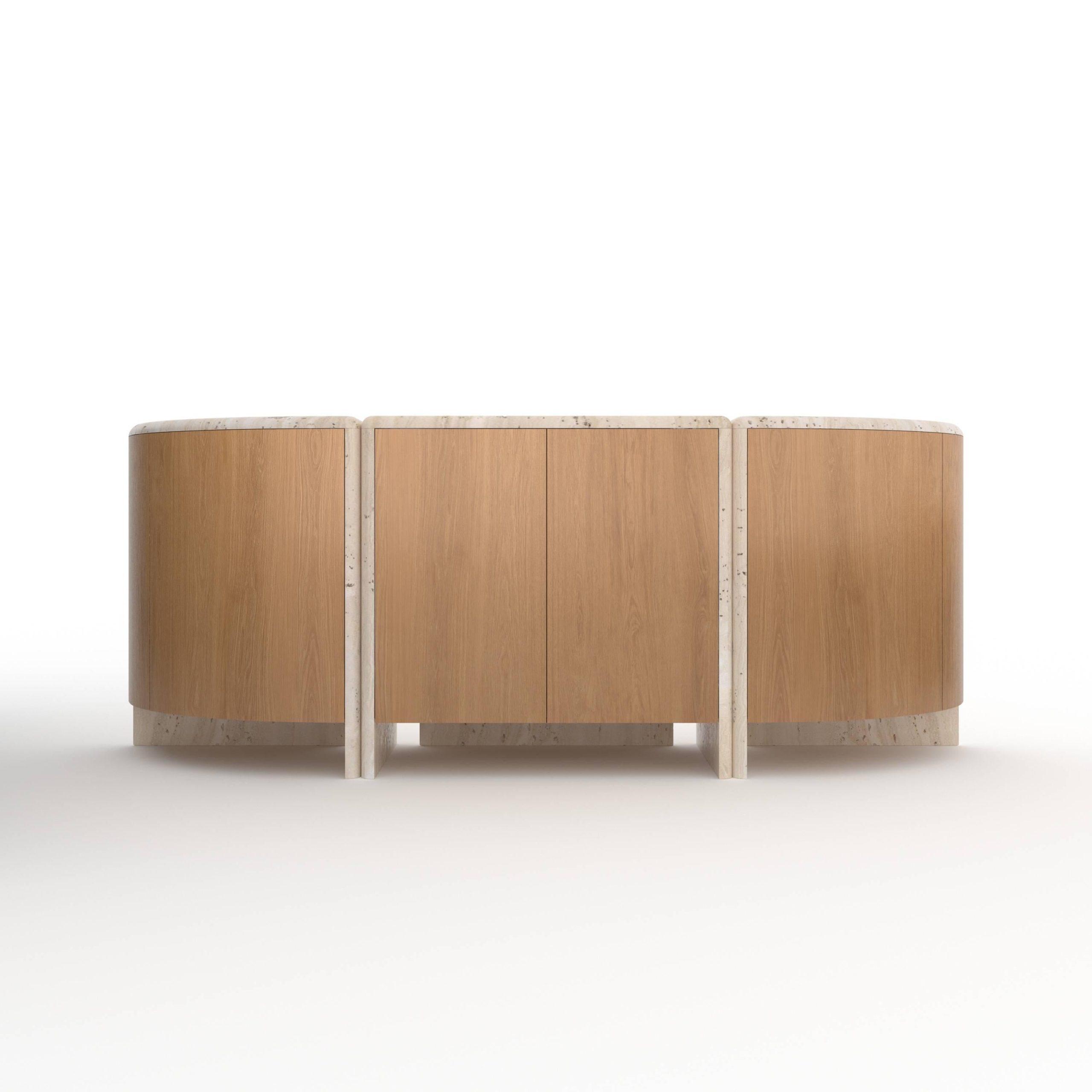 Lily Rounded Credenza In Honed Unfilled Navona Travertine And Oak By ... intended for Integrating a Brown Navona Oak Sideboard into Diverse Interiors
