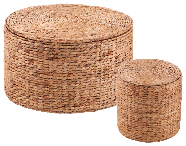 Sandina Round Water Hyacinth Storage Tables 2Pc Set, Natural - Beach ... within The Enduring Charm of Wood and Water Hyacinth The Jokobe Cocktail Table Story