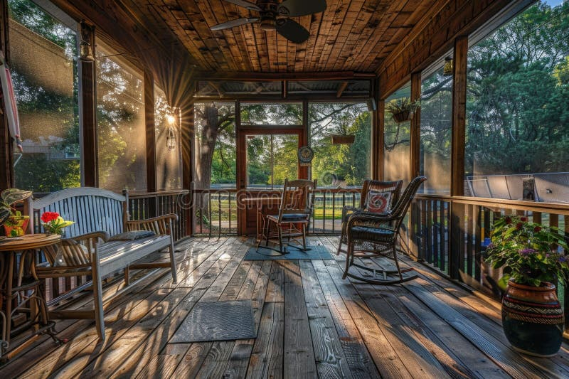 A Cozy Outdoor Space With Wooden Rocking Chairs And A Table, Perfect ... for