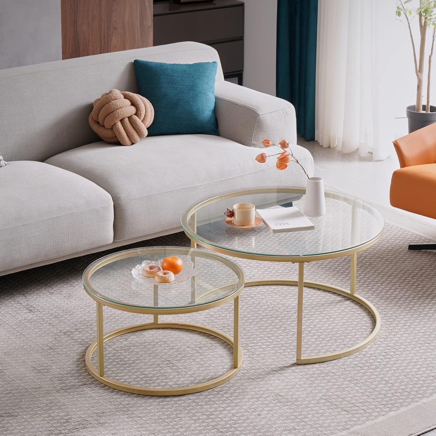 Grandca Home Round Coffee Table Set Of 2 Nesting Table With Gold Metal ... intended for The Versatile Charm of Coffee Tables with Gold Frames and Clear Glass