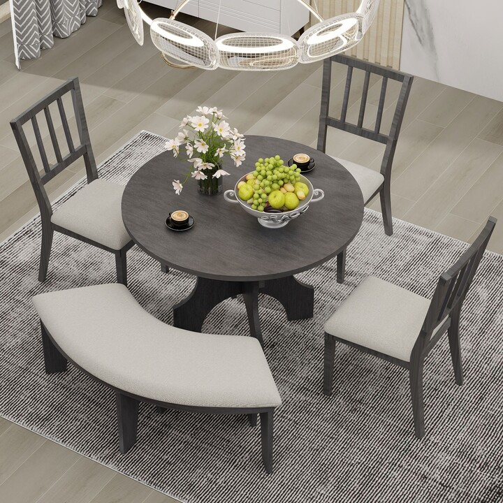 Lelattrade 5-Piece Grey Dining Table Set With Round Table, Curved Bench ... throughout