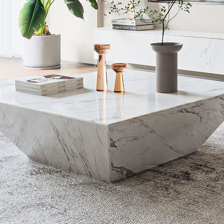 Modern Drum Coffee Table, Minimalist Trapezoid Faux Marble Coffee Table ... in Elevate Your Decor with the Timeless Appeal of the Tempo White Marble Coffee Table