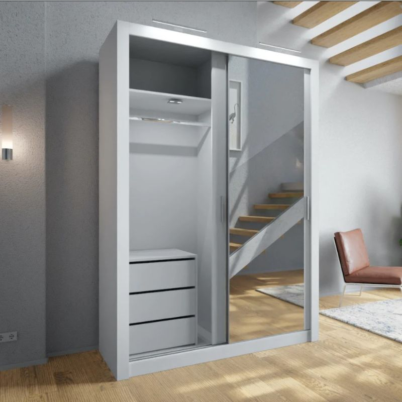 Petra White Sliding Wardrobe With Drawers 2 Door Mirrored 150Cm within