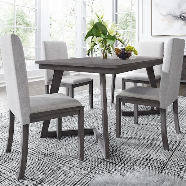 Qualler 5-Piece Gray Wood Top Dining Set With 4-Linen Fabric Chairs ... within
