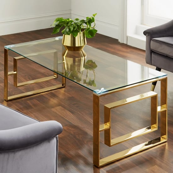 Solana Clear Glass Coffee Table With Gold Metal Frame | Furniture In ... with regard to