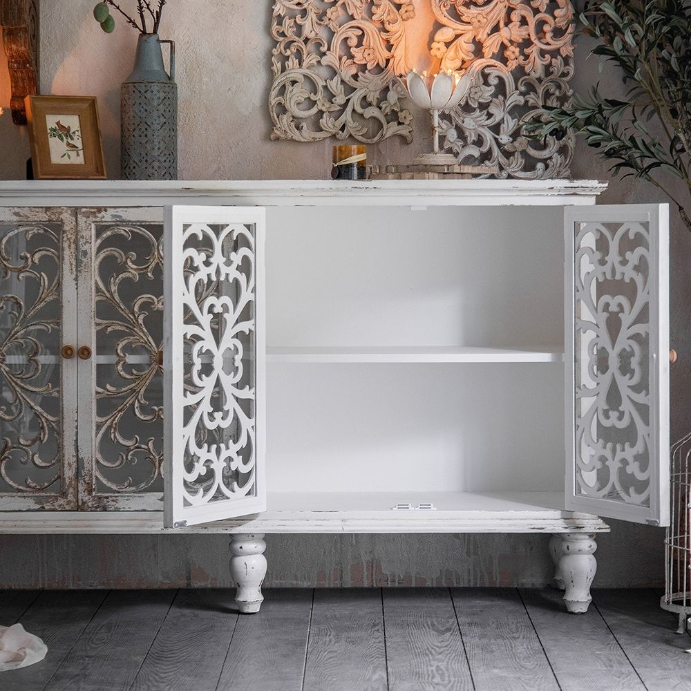 Vintage Rustic Distressed White Carved Sideboard Buffet With 4 Glass Doors for