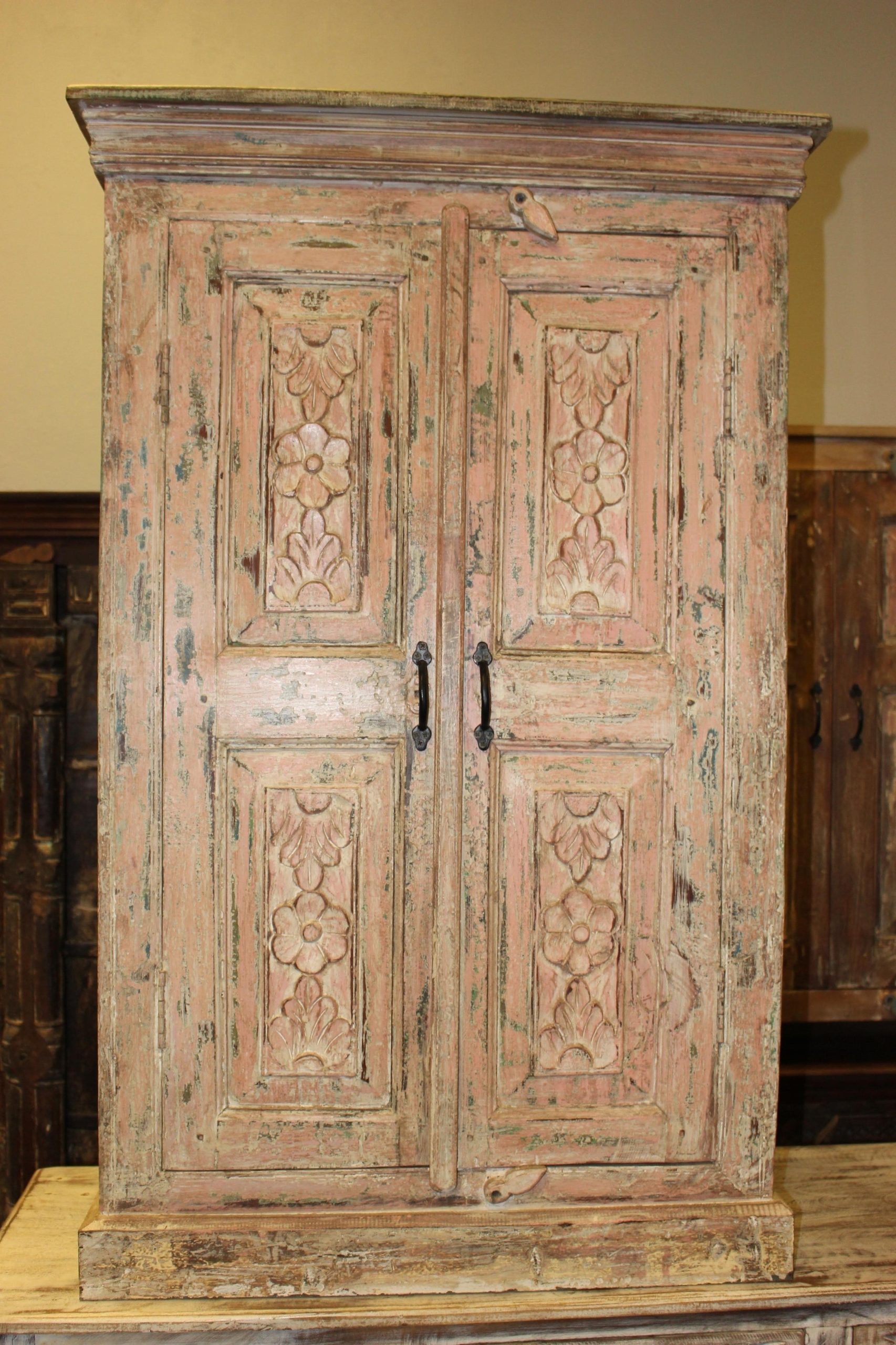 Antique Cabinet Farmhouse Rustic Original Wooden Accent Armoire ... intended for The Artistry Behind a Blue Floral Carved Farmhouse Cabinet