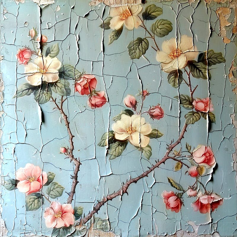 Charming Floral Mural With Cracked Blue Background Showcasing Delicate ... regarding The Artistry Behind a Blue Floral Carved Farmhouse Cabinet