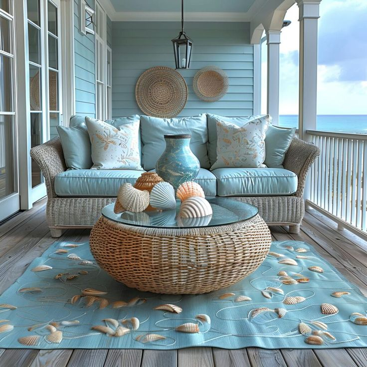 Coastal Lanai: Wicker Furniture &amp;amp;Amp; Seashell Accents In 2024 | Wicker ... throughout The Enduring Appeal of Sashela Rattan Armchairs for Coastal Living