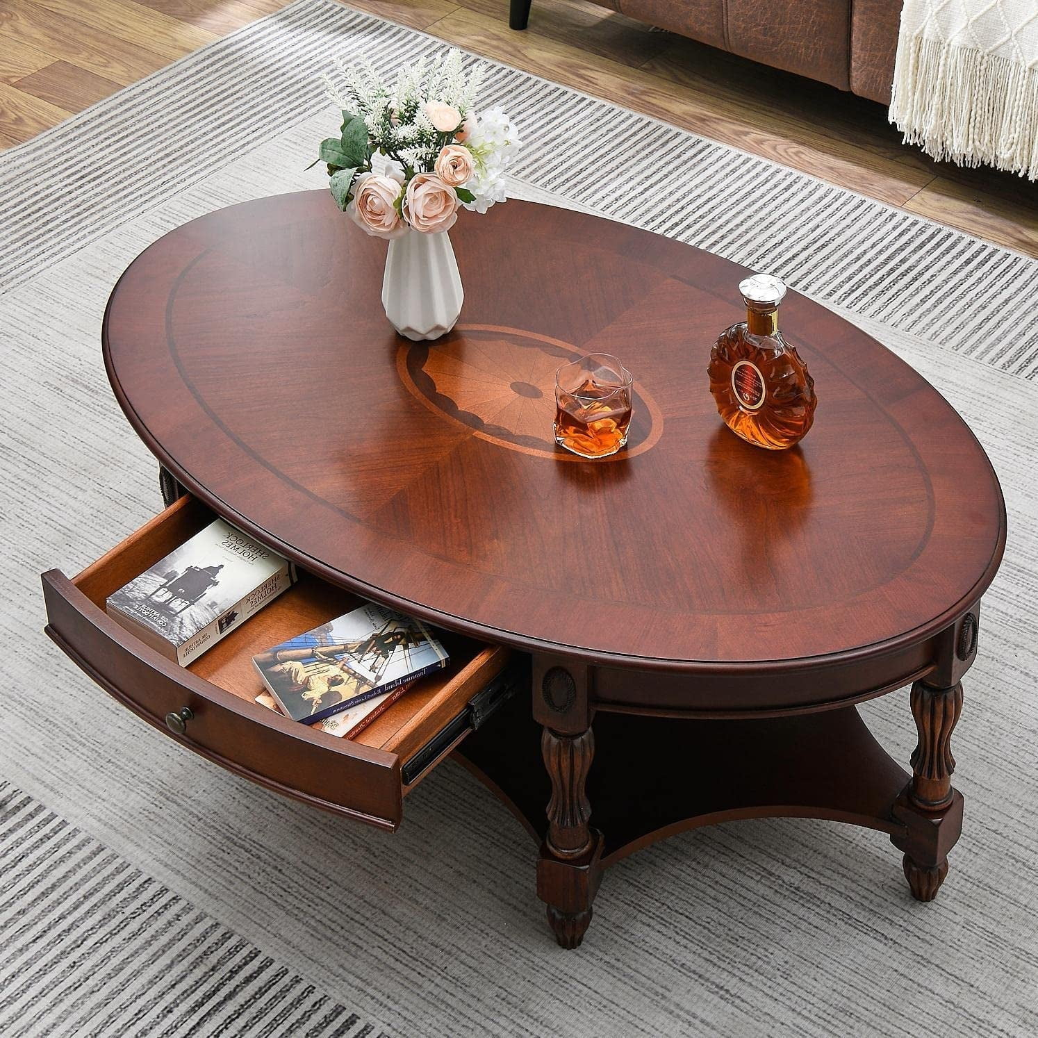 Jesonvid Solid Wood Oval Coffee Table With Drawer And Storage Shelf ... for