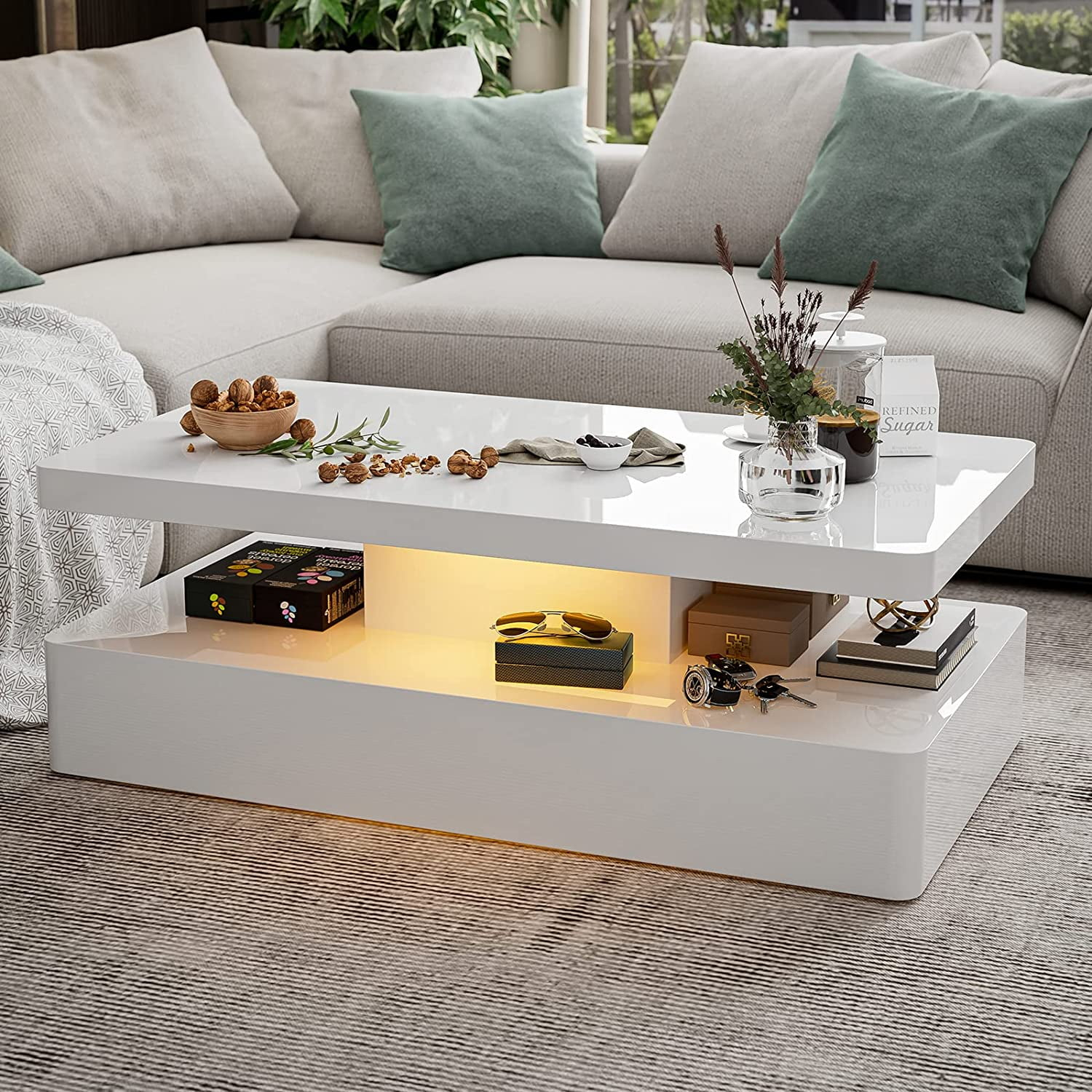 How a White Beveled Coffee Table with a Lower Shelf Enhances Room Functionality