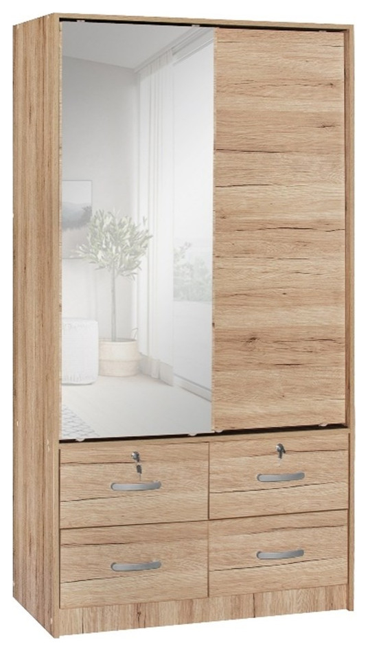 Pemberly Row Double Sliding Door Armoire With Mirror In Natural Oak ... intended for The Art of Organizing A Deep Dive into the Pemberly Row Salt Oak Armoire