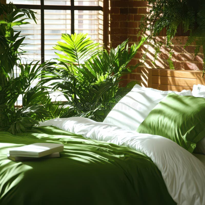Serene Bedroom Scene Featuring Lush Greenery And Soft Bedding, Creating ... inside