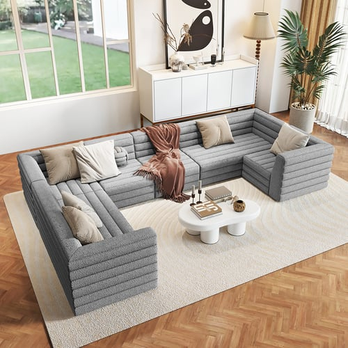 3200Mm U-Shaped Modern Grey Boucle Modular Sectional Sofa For 8 Seaters ... with regard to Arc Boucle Fabric Upholstered 5-Pc. U-Shaped Modular Sectional, Grey
