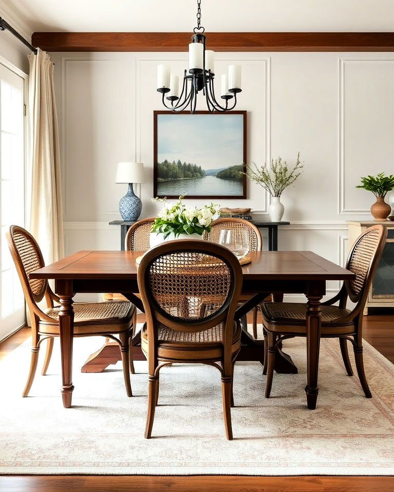 40 French Country Dining Rooms To Get Inspired with Brownell French Country Wood And Cane 7-Piece Expandable Dining Set, Light Gray/Natural/Brown