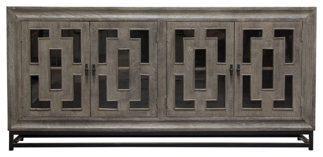 76&amp;amp;Quot; 4-Door Solid Mango Wood Sideboard In Walnut Grey Finish Black Iron ... intended for Understanding the Craftsmanship Behind Wood-Iron Transitional Buffets