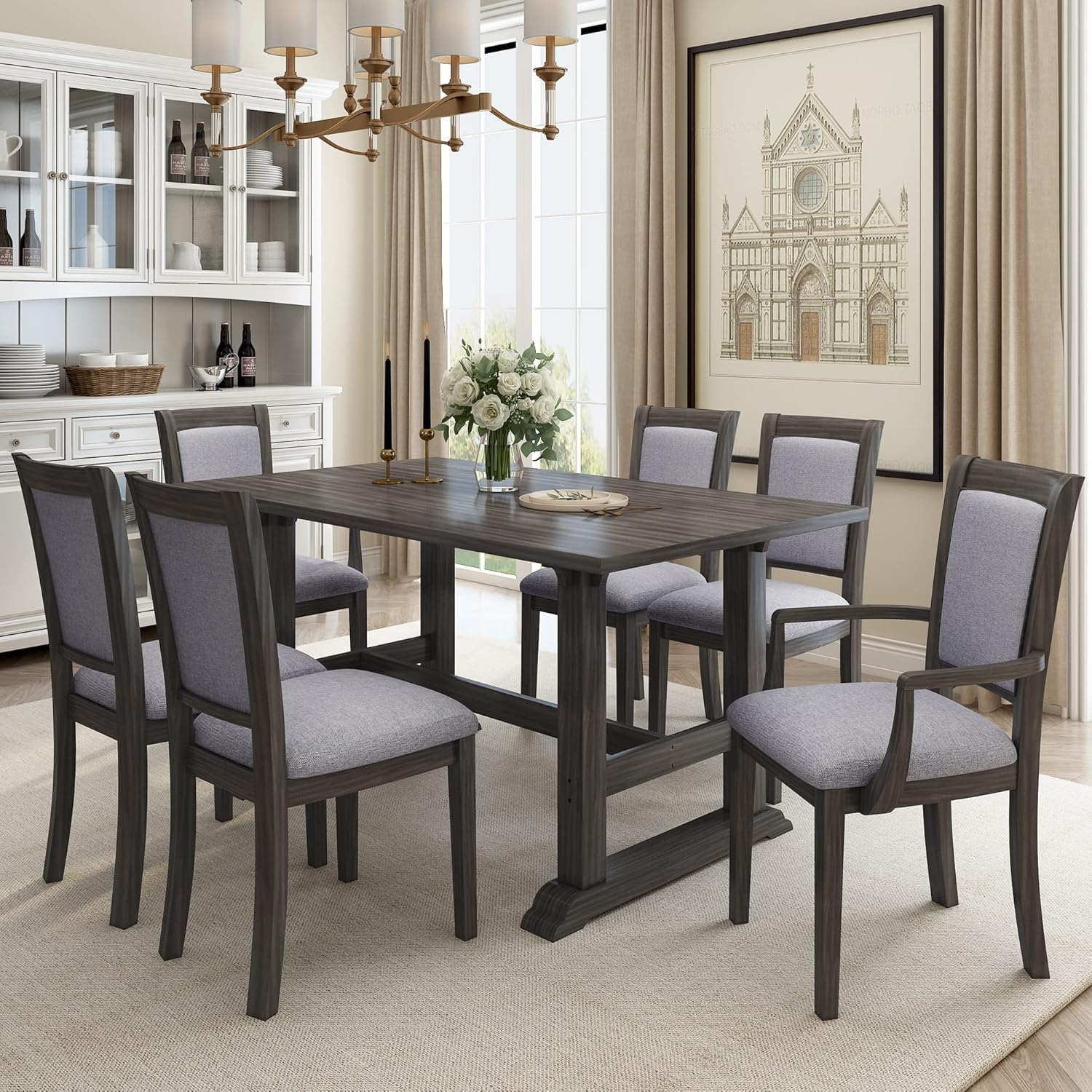 Amazon.com - Bellemave 7 Piece Dining Table Set Farmhouse Wood Kitchen ... with Dex 7-Piece Dining Set, Table, 4 Ladder Side Chairs And Bench