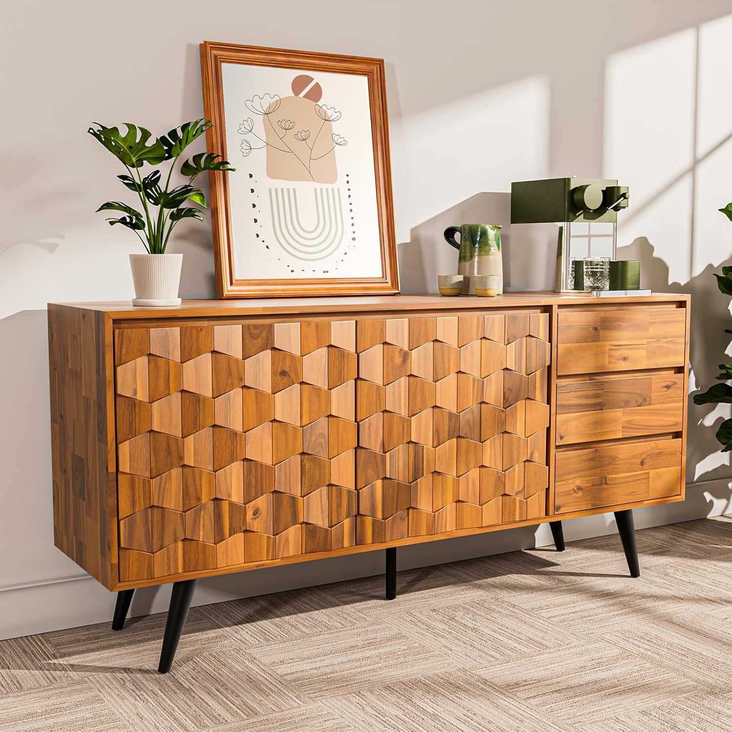 Amazon.com: Bme Sideboard Georgina Solid Wood 2 Doors &amp;amp; 3 Drawers, 61 ... pertaining to Timbergirl Olga Retro Sideboard