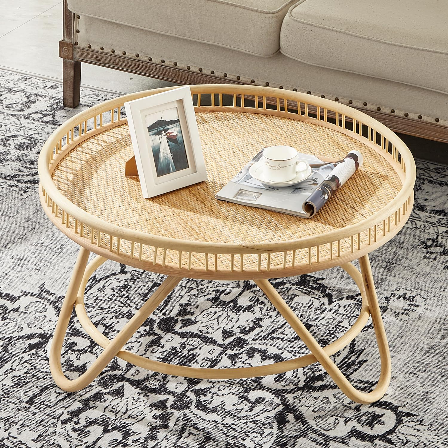 Amazon.com: Finecasa Rattan Wicker Round Coffee Table,Rattan Round ... intended for Charcoal Round Coffee Table with Rattan Elements A Guide to Styling