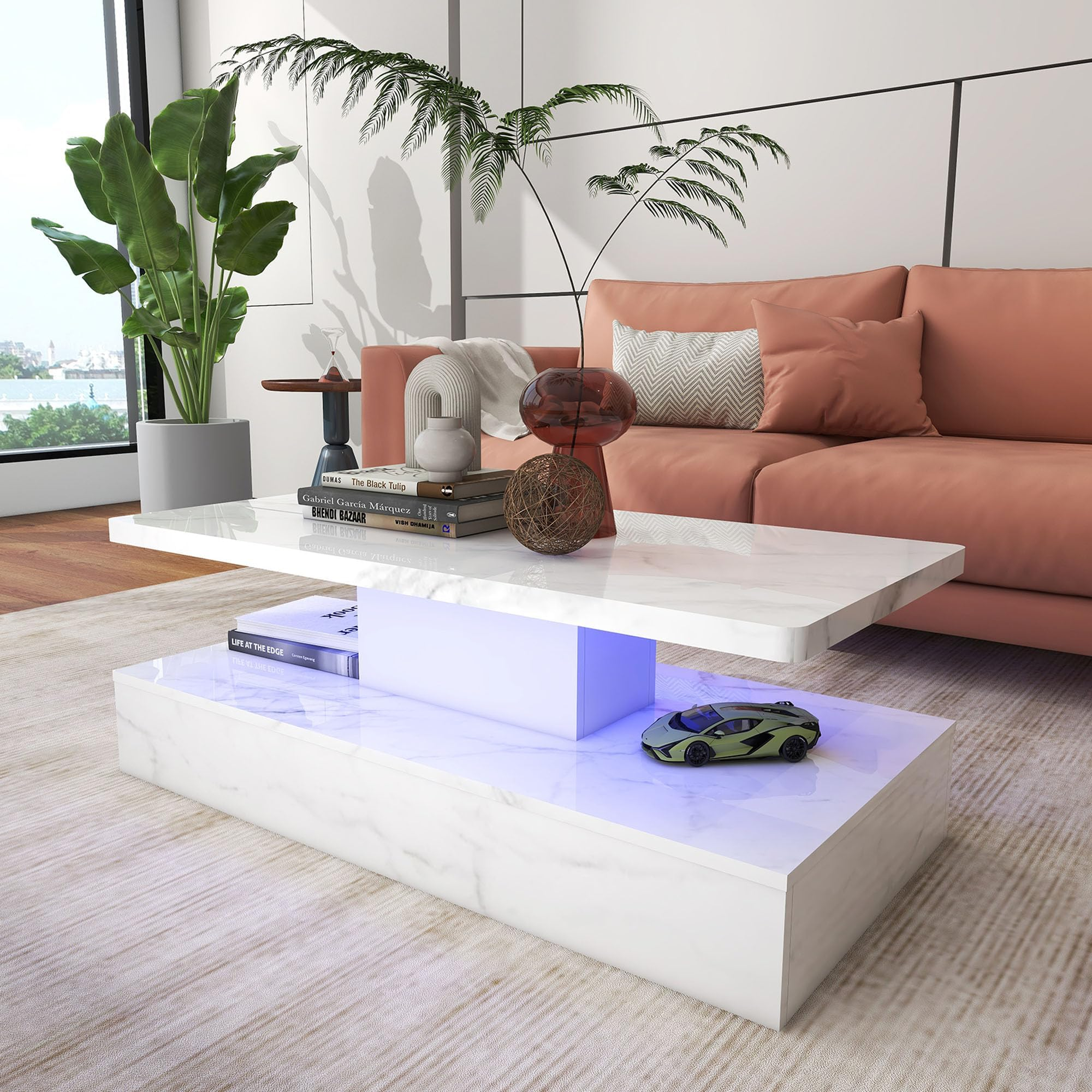 Amazon.com: Led Coffee Table Marble Coffee Table With High Gloss ... for Modern White Coffee Table With Glass Legs &amp;amp; Floating Rectangular Top