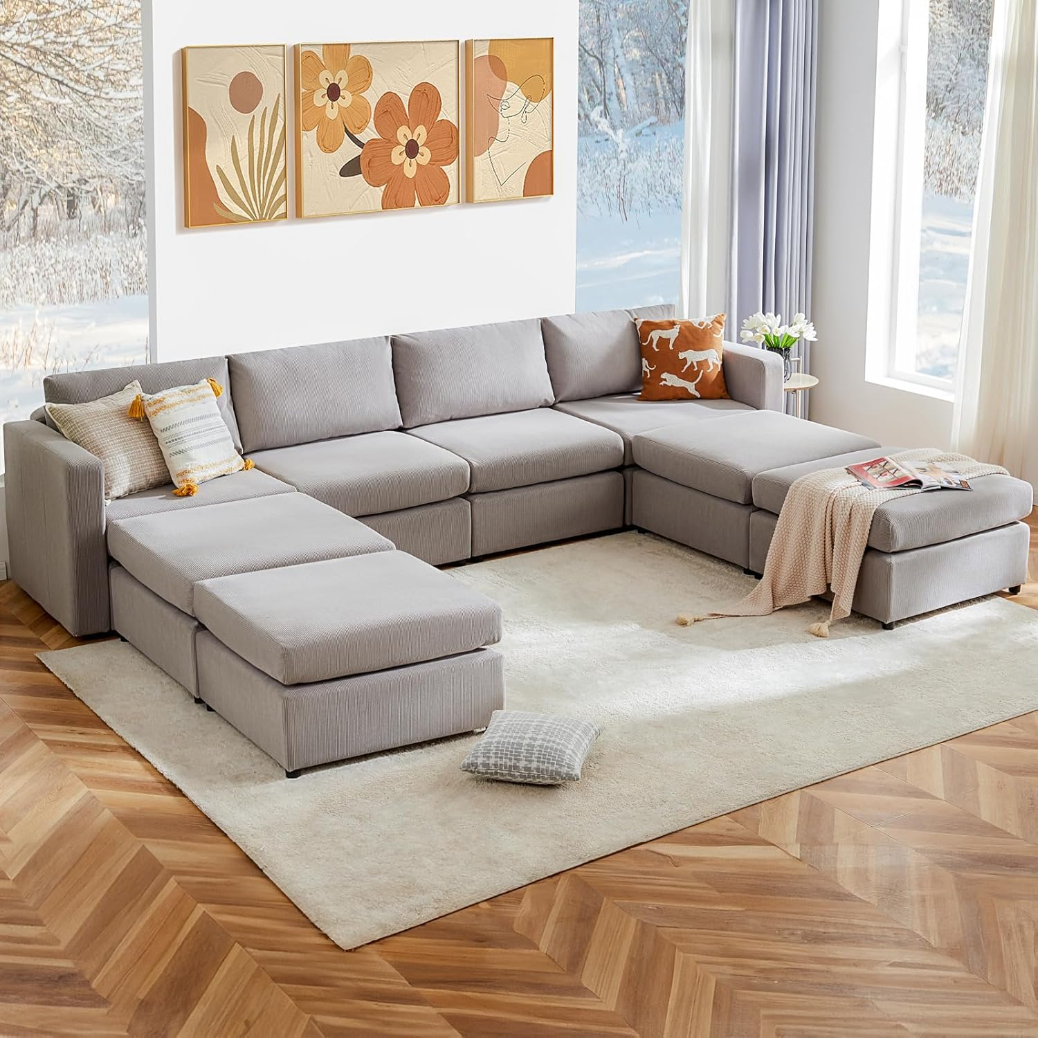 Amazon.com: Sweetcrispy Convertible Modular Sectional Sofa, 8 Seat ... within Indulge Upholstered Modular U-Shaped Sectional, Grey, 7-Piece: 3 Armless Chair, 3 Corner Chair, 1 Ottoman, Down Stuffed Linen Textured Fabric