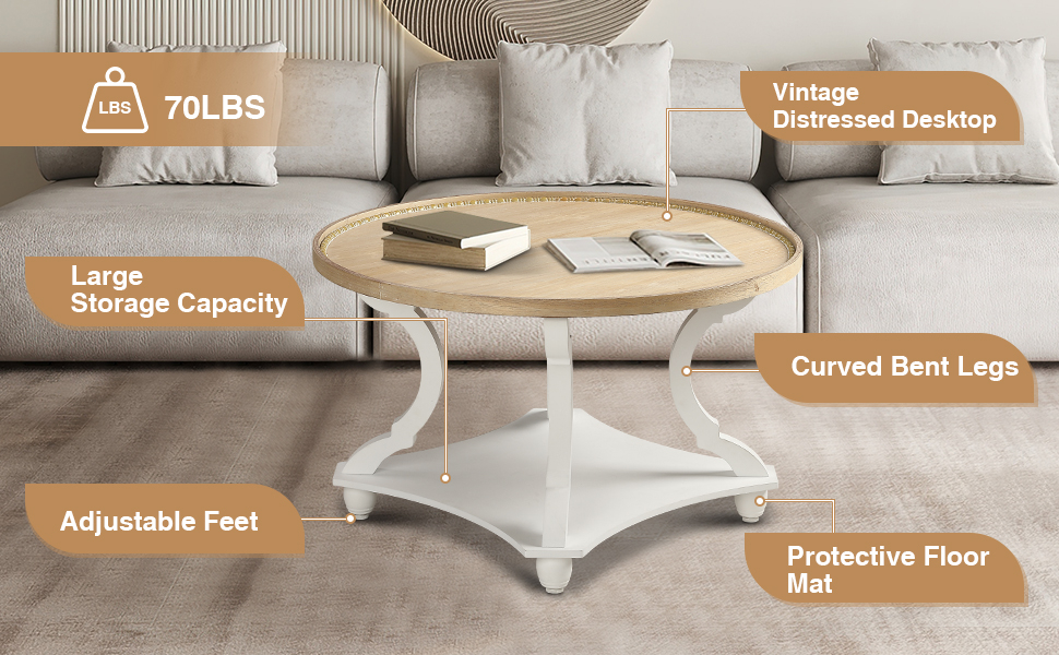 Amazon.com: Wnutrees Farmhouse Round Coffee Table, Rustic Circle Coffee ... regarding Why a Farmhouse Round Coffee Table with Storage Shelf is a Must-Have