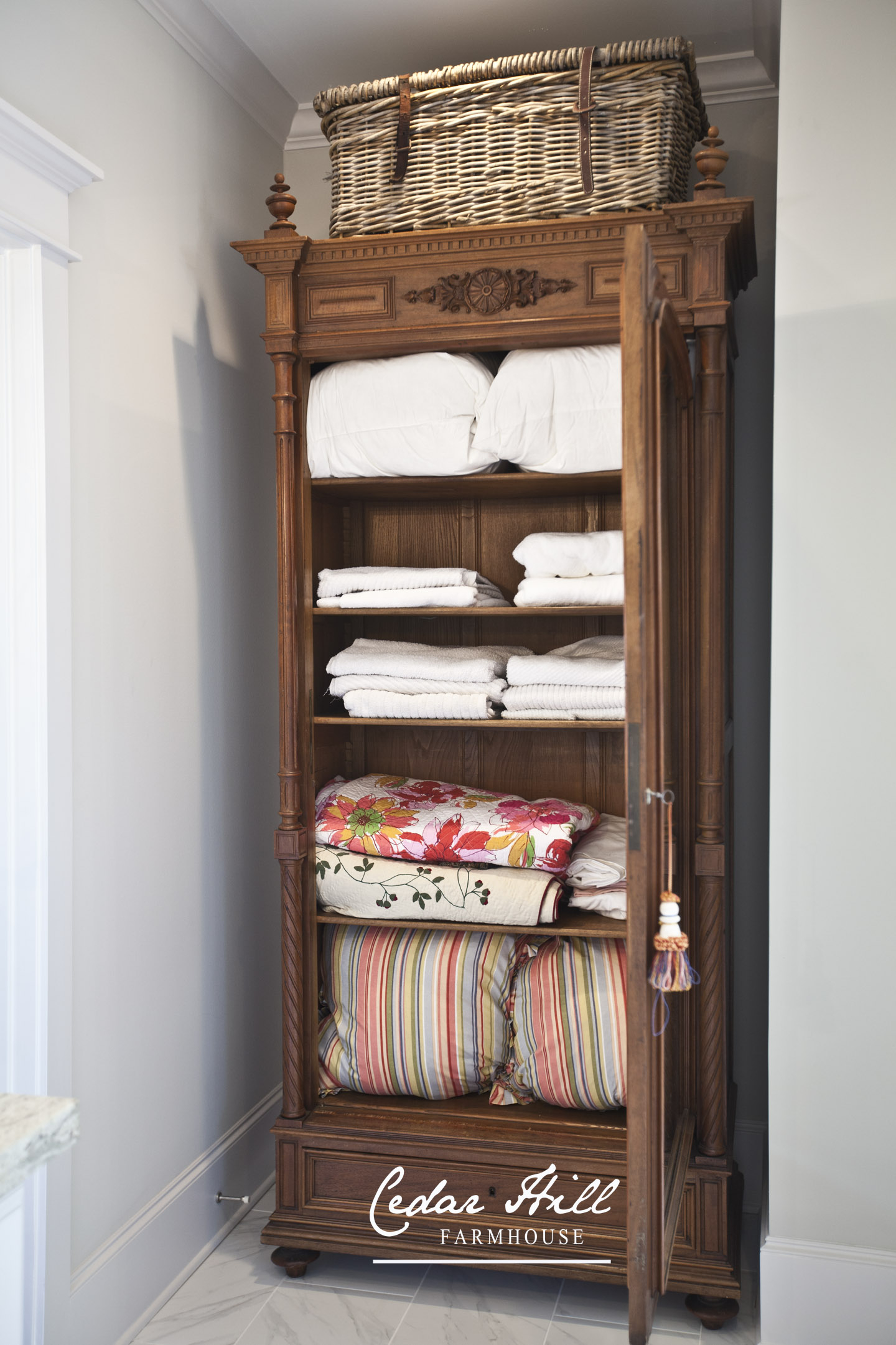 Antique Armoire Turned Linen Closet - Cedar Hill Farmhouse inside Frederick Linen Closet/Armoire, Antique Brown, 48X22X80
