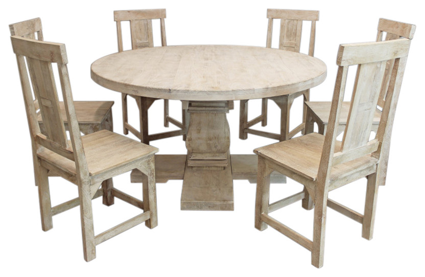 Benedict 7-Piece Dining Set, 58&amp;quot; Round Table And 6 Solid Wood Chairs ... for Benedict 7-Piece Dining Set, 58&amp;quot; Round Dining Table And 6 Ivory Linen Chairs