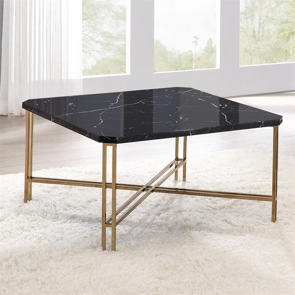 Bowery Hill Transitional Faux Marble Square Cocktail Table In Black ... for Bowery Hill Wood Coffee Table With Planked Top And Pedestal Base In Ebony